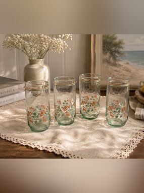 Set of 4 Vintage Libbey Tumblers Glass with Pink Flowers & Green Leaves
